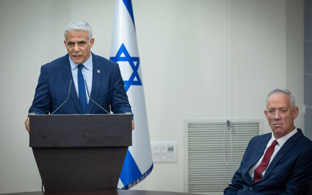 Leader of the Opposition and Yesh Atid Chairman Yair Lapid speaks during a press conference in the Knesset, June 14, 2023. (Yonatan Sindel/Flash90) Leader of the Opposition and Yesh Atid Chairman Yair Lapid speaks during a press conference in the Knesset, June 14, 2023. (Yonatan Sindel/Flash90)