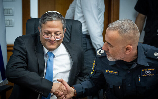 National Security Minister Itamar Ben Gvir, left, and Jerusalem district police chief Doron Turgeman at a meeting in Jerusalem, June 15, 2023. (Yonatan Sindel/Flash90) National Security Minister Itamar Ben Gvir, left, and Jerusalem district police chief Doron Turgeman at a meeting in Jerusalem, June 15, 2023. (Yonatan Sindel/Flash90)