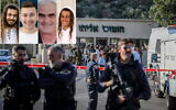 Israeli security forces at the scene of a terrorist attack near the West Bank settlement of Eli, June 20, 2023. Inset: (left to right) Harel Masood, 21, of Yad Binyamin, Elisha Anteman, 17, of Eli, Ofer Fayerman, 64, of Eli, and Nachman Mordoff, 17, of Ahiya, who were killed in the shooting (Flash90; courtesy)