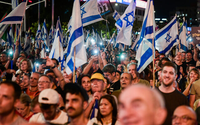 People protest against the planned judicial overhaul in Tel Aviv, on June 24, 2023. (Avshalom Sassoni/Flash90) People protest against the planned judicial overhaul in Tel Aviv, on June 24, 2023. (Avshalom Sassoni/Flash90)