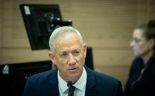 National Unity MK Benny Gantz attends a Constitution, Law and Justice Committee at the Knesset on June 25, 2023. (Yonatan Sindel/Flash90)