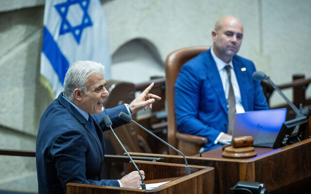 Opposition leader Yair Lapid speks at the Knesset on June 26, 2023. (Yonatan Sindel/Flash90) Opposition leader Yair Lapid speks at the Knesset on June 26, 2023. (Yonatan Sindel/Flash90)