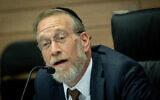 United Torah Judaism MK Yitzhak Pindrus chairs a meeting of the Knesset Constitution, Law and Justice Committee on June 27, 2023. (Yonatan Sindel/Flash90)