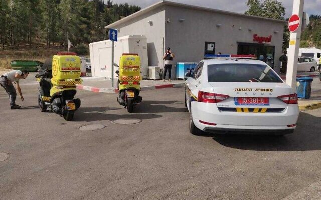 First responders at the scene of a shooting attack at a gas station near the West Bank settlement of Eli on June 20, 2023. (Magen David Adom) First responders at the scene of a shooting attack at a gas station near the West Bank settlement of Eli on June 20, 2023. (Magen David Adom)