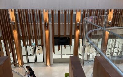 Interior of Helmsley Cancer Center at Shaare Zedek Medical Center, Jerusalem. Design by Canadian architect Tye Farrow. (Renee Ghert-Zand/TOI)