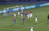 Screen capture from video of Israel's U-21 team celebrating after Omri Gandelman scored the winning goal against the Czech Republic in their European Championship match, June 28, 2023. (Twitter. Used in accordance with Clause 27a of the Copyright Law)
