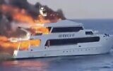 A screenshot from video shows a ship called Hurricane after it caught fire in Egypt's Red Sea, June 11, 2023. (Twitter video screenshot: used in accordance with Clause 27a of the Copyright Law)