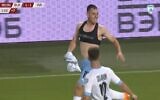Oscar Gloukh celebrates after scoring the winning goal in Israel's 2-1 defeat of Belarus at the 2024 Euro qualifiers, June 16, 2023. (Sport5 screenshot/used in accordance with Clause 27a of the Copyright Law)