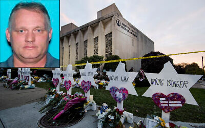 Composite photo: A makeshift memorial stands outside the Tree of Life Synagogue in the aftermath of a deadly shooting in Pittsburgh, October 29, 2018. (AP Photo/Matt Rourke, File); Inset: An undated Pennsylvania Department of Transportation photo shows Robert Bowers, convicted of shooting and killing 11 worshipers at the synagogue. (Pennsylvania Department of Transportation via AP, File)