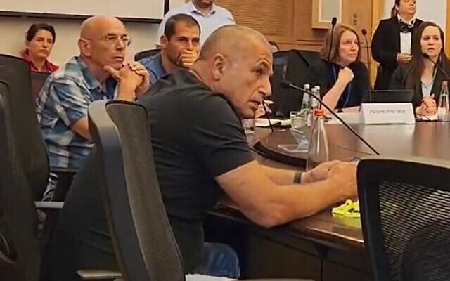 Oved Hugi, who was fired as an adviser to Energy Minister Israel Katz over incendiary social media posts, takes part in a Knesset Constitution, Law and Justice Committee meeting in Jerusalem on June 26, 2023. (Screenshot: Twitter; Used in accordance with Clause 27a of the Copyright Law) Oved Hugi, who was fired as an adviser to Energy Minister Israel Katz over incendiary social media posts, takes part in a Knesset Constitution, Law and Justice Committee meeting in Jerusalem on June 26, 2023. (Screenshot: Twitter; Used in accordance with Clause 27a of the Copyright Law)