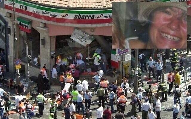 Police and medics surround the scene of a suicide bombing inside Jerusalem's Sbarro restaurant, August 9, 2001. The insert photo shows Chana Tova Chaya Nachenberg, who died of wounds from the bombing on May 31, 2023. (AP Photo/Peter Dejong, File; Channel 12 screenshot -- used in accordance with clause 27a of the copyright law) Police and medics surround the scene of a suicide bombing inside Jerusalem's Sbarro restaurant, August 9, 2001. The insert photo shows Chana Tova Chaya Nachenberg, who died of wounds from the bombing on May 31, 2023. (AP Photo/Peter Dejong, File; Channel 12 screenshot -- used in accordance with clause 27a of the copyright law)