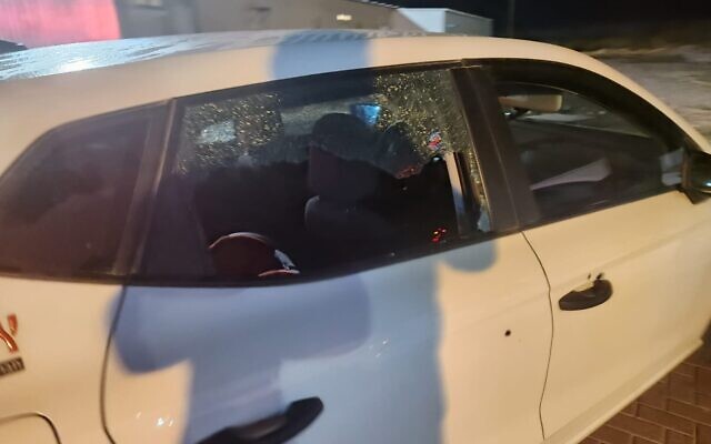 Damage is seen caused to an Israeli-owned car, after it was targeted in a shooting attack near the West Bank town of Huwara, June 6, 2023. (Samaria Regional Council) Damage is seen caused to an Israeli-owned car, after it was targeted in a shooting attack near the West Bank town of Huwara, June 6, 2023. (Samaria Regional Council)