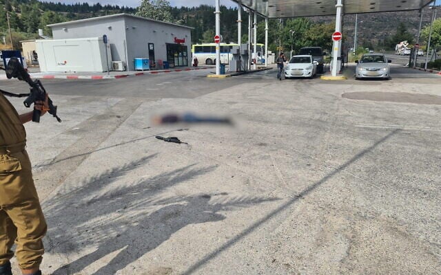 The scene of a suspected shooting attack at a gas station near the West Bank settlement of Eli on June 20, 2023 (Courtesy) The scene of a suspected shooting attack at a gas station near the West Bank settlement of Eli on June 20, 2023 (Courtesy)