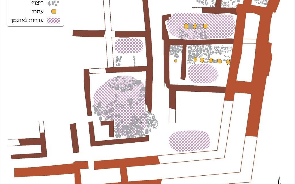 A map of the Tel Shiqmona site which shows areas where evidence of purple dye was found. (courtesy University of Haifa)