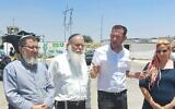 Settlement leadership at Evyatar illegal West Bank outpost, June 21, 2023. From left: bereaved father Elisha Guetta, Samaria Council Municipal Chief Rabbi Elyakim Levanon, Samaria Regional Council head Yossi Dagan and Tsofia Borovsky, after whose murdered husband Evyatar the settlement is named. (Courtesy Nachala Settlement Movement)