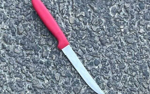 This handout phot shows a knife a Palestinian minor was allegedly armed with at a checkpoint near the Shuafat refugee camp in East Jerusalem, June 28, 2023. (Israel Police) This handout phot shows a knife a Palestinian minor was allegedly armed with at a checkpoint near the Shuafat refugee camp in East Jerusalem, June 28, 2023. (Israel Police)