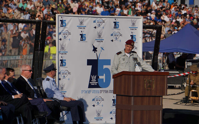 IDF chief Herzi Halevi speaks at a pilots graduation ceremony at Hatzerim Air Base, June 29, 2023. (Emanuel Fabian/Times of Israel)
