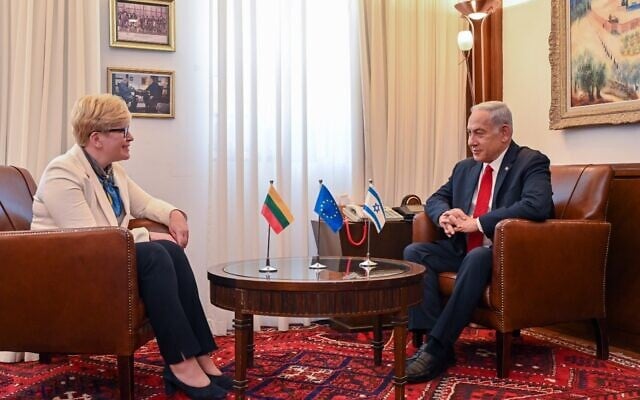 Prime Minister Benjamin Netanyahu (R) meets with Lithuanian PM Ingrida Šimonytė in Jerusalem on June 12, 2023 (Kobi Gideon/GPO) Prime Minister Benjamin Netanyahu (R) meets with Lithuanian PM Ingrida Šimonytė in Jerusalem on June 12, 2023 (Kobi Gideon/GPO)