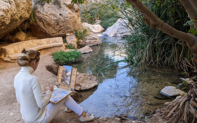 Painter Lotta Camilla Teale at work on a piece for 'Jerusalem: An Exhibition,' marking a year of living in the city (Courtesy Lotta Camilla Teale)
