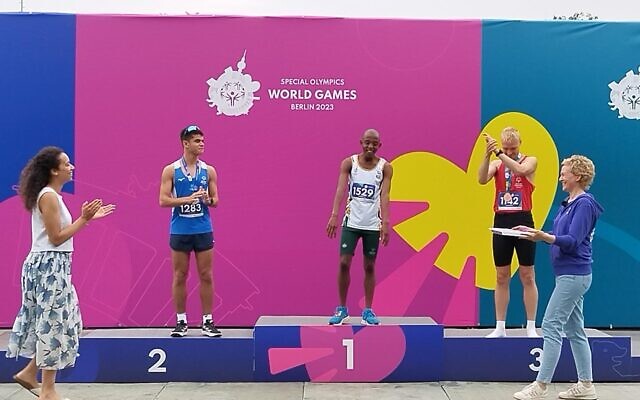 Israeli Special Olympics runner Ron Beck winning a silver medal in the men's 500m at the games in Berlin on June 19, 2023. (Courtesy)