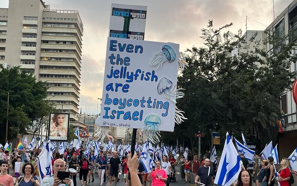 Demonstrators gather for a protest against the Israeli government's judicial overhaul plans in Tel Aviv on July 8, 2023. (Courtesy/Robert Lanzkron)