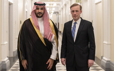 File: Saudi Arabia's Deputy Defense Minister Khalid bin Salman (L) and US National Security Adviser Jake Sullivan meet at the White House on May 18, 2022. (Khalid bin Salman/Twitter)