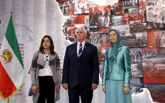 Leader of the People's Mujahedin of Iran Maryam Rajavi (R), former US Vice President Mike Pence (C) and his wife Karen Pence (L) pose for a photograph as they tour an exhibition inside of Ashraf-3 camp, a base for the People's Mujahedin of Iran (MEK), in the Albanian town of Manza, on June 23, 2022. Gent Shkullahu/AFP) Leader of the People's Mujahedin of Iran Maryam Rajavi (R), former US Vice President Mike Pence (C) and his wife Karen Pence (L) pose for a photograph as they tour an exhibition inside of Ashraf-3 camp, a base for the People's Mujahedin of Iran (MEK), in the Albanian town of Manza, on June 23, 2022. Gent Shkullahu/AFP)