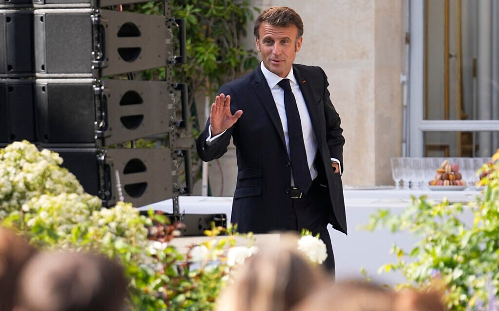 French President Emmanuel Macron arrives to inaugurate an exhibition on the theme of "Made in France" at the Elysee Palace, in Paris on June 30, 2023. (Michel Euler / POOL / AFP) French President Emmanuel Macron arrives to inaugurate an exhibition on the theme of "Made in France" at the Elysee Palace, in Paris on June 30, 2023. (Michel Euler / POOL / AFP)
