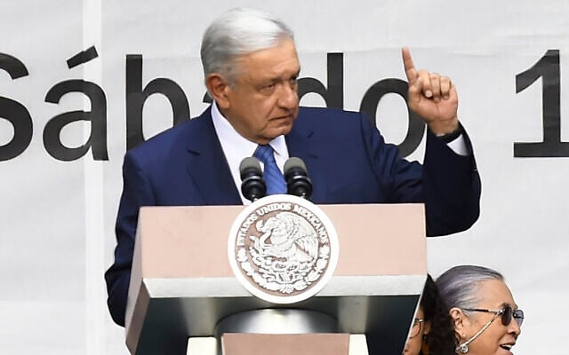 Mexican President Andres Manuel Lopez Obrador delivers a speech during a rally to commemorate the fifth anniversary of his 2018 presidential election victory at the Zocalo (main square) in Mexico City on July 1, 2023. (Claudio Cruz/AFP) Mexican President Andres Manuel Lopez Obrador delivers a speech during a rally to commemorate the fifth anniversary of his 2018 presidential election victory at the Zocalo (main square) in Mexico City on July 1, 2023. (Claudio Cruz/AFP)
