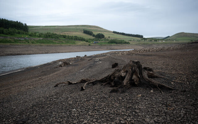 A previously submerged tree stump is pictured on the dry bed of Woodhead Reservoir, revealed by a falling water level, near Glossop, northern England on July 10, 2023. (Oli SCARFF / AFP) A previously submerged tree stump is pictured on the dry bed of Woodhead Reservoir, revealed by a falling water level, near Glossop, northern England on July 10, 2023. (Oli SCARFF / AFP)