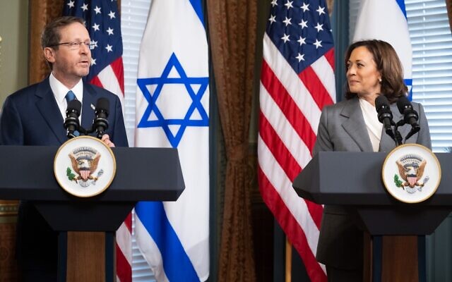US Vice President Kamala Harris and Israeli President Isaac Herzog speak to the media prior to a meeting at the Eisenhower Executive Office Building in Washington, DC, July 19, 2023. (SAUL LOEB / AFP) US Vice President Kamala Harris and Israeli President Isaac Herzog speak to the media prior to a meeting at the Eisenhower Executive Office Building in Washington, DC, July 19, 2023. (SAUL LOEB / AFP)