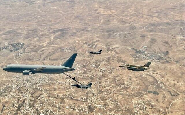 A US tanker refuels an IAF fighter jet over Israel amid a joint drill, in early July 2023. (Israel Defense Forces)