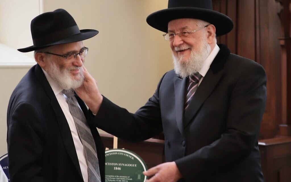 Israel's former chief Ashkenazi rabbi Yisrael Meir Lau shown with Joseph Gutnick, left, a mining magnate who is funding a renovation of the synagogue in Launceston, Australia, July 12, 2023. (Mishka Gora via JTA)