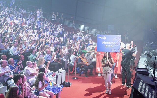 Team Morocco files into the Haifa International Convention Center at the opening ceremony for the 41st JCC Maccabi Games, July 9, 2023. (JCC Association) Team Morocco files into the Haifa International Convention Center at the opening ceremony for the 41st JCC Maccabi Games, July 9, 2023. (JCC Association)
