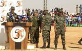 Brahim Ghali, head of the Polisario Front and the self-declared Sahrawi Democratic Arab Republic, gives a speech to celebrate the 50th anniversary of the Polisario Front in the Aoussered camp, Algeria, Saturday, May 20, 2023.  (AP Photo/Guidoum Fateh)