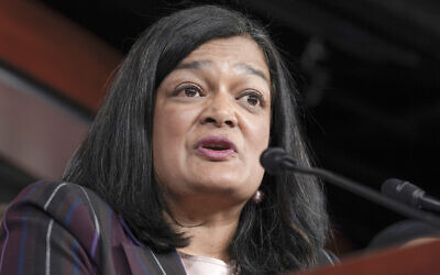 Democratic Rep. Pramila Jayapal of Washington speaks during a news conference, May 24, 2023, on Capitol Hill in Washington. (AP Photo/Mariam Zuhaib)