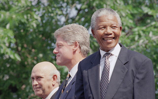 From left, F.W. de Klerk, President Bill Clinton, and Nelson Mandela appear at ceremonies honoring the two South African leaders with the Philadelphia Liberty Medal at Independence Hall in Philadelphia, July 4, 1993. (AP Photo/Greg Gibson, File) From left, F.W. de Klerk, President Bill Clinton, and Nelson Mandela appear at ceremonies honoring the two South African leaders with the Philadelphia Liberty Medal at Independence Hall in Philadelphia, July 4, 1993. (AP Photo/Greg Gibson, File)
