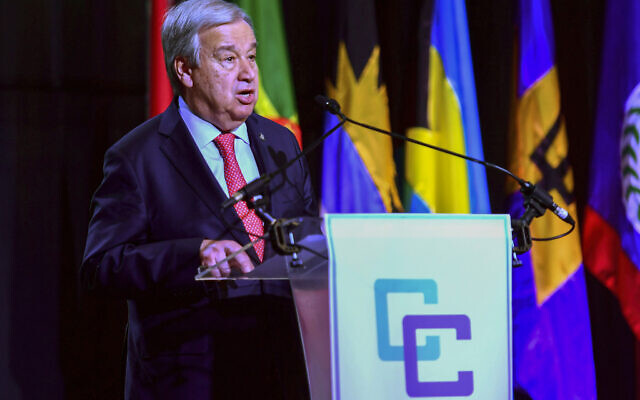 United Nations Secretary-General Antonio Guterres speaks in Port of Spain, Trinidad and Tobago, July 3, 2023. (AP Photo/Jermaine Cruickshank)
