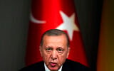 Turkey's President Recep Tayyip Erdogan talks to journalists during a joint news conference with Ukraine's President Volodymyr Zelenskyy following their meeting in Istanbul, Turkey, July 8, 2023. (AP Photo/Francisco Seco)