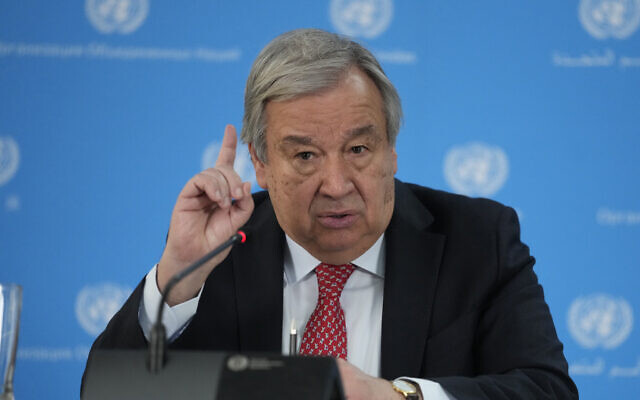 UN Secretary General Antonio Guterres addresses the media during a visit to the UN office in the capital Nairobi, Kenya, May 3, 2023. (AP Photo/Khalil Senosi, File)