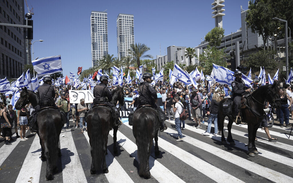 Mounted police are deployed in Tel Aviv during a protest against Prime Minister Benjamin Netanyahu's government's judicial overhaul, July 11, 2023. (AP Photo/ Oded Balilty)