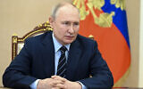 Russian President Vladimir Putin chairs a Security Council meeting via videoconference at the Kremlin in Moscow, Russia, July 14, 2023. (Aleksey Babushkin, Sputnik, Kremlin Pool Photo via AP)
