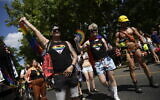 Participants march during the 28th Budapest Pride parade in Budapest, Hungary, July 15, 2023. (Tamas Kovacs/MTI via AP)