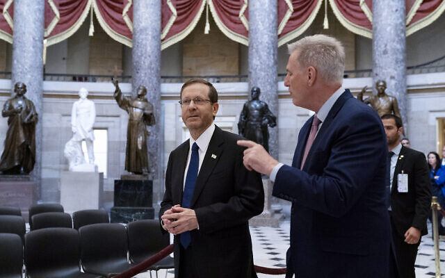 Speaker of the House Kevin McCarthy, right, welcomes President Isaac Herzog who will deliver an address to Congress at the Capitol in Washington, July 19, 2023. (AP Photo/Stephanie Scarbrough) Speaker of the House Kevin McCarthy, right, welcomes President Isaac Herzog who will deliver an address to Congress at the Capitol in Washington, July 19, 2023. (AP Photo/Stephanie Scarbrough)