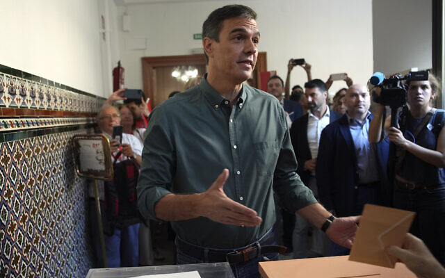 Spain's Prime Minister and Socialist Workers' Party Pedro Sanchez gestures as he casts his ballot during Spain's general election in Madrid, July 23, 2023. (Emilio Morenatti/AP) Spain's Prime Minister and Socialist Workers' Party Pedro Sanchez gestures as he casts his ballot during Spain's general election in Madrid, July 23, 2023. (Emilio Morenatti/AP)