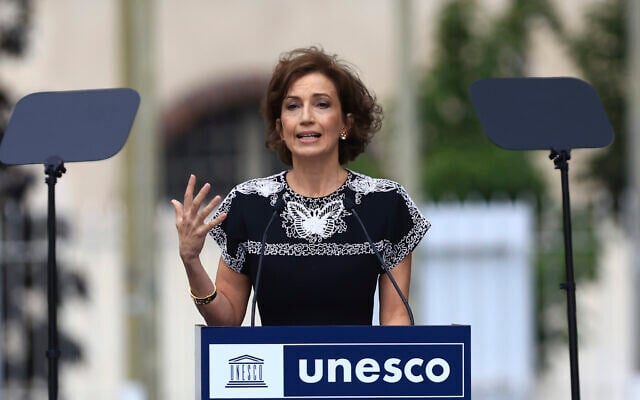 UNESCO Director General Audrey Azoulay delivers a speech during a ceremony at the UNESCO headquarters, July 25, 2023 in Paris. (AP/Aurelien Morissard, Pool)