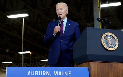 US President Joe Biden speaks at Auburn Manufacturing Inc., in Auburn, Maine, Friday, July 28, 2023, before he signs an executive order to encourage companies to manufacture new inventions in the United States. (AP/Susan Walsh)