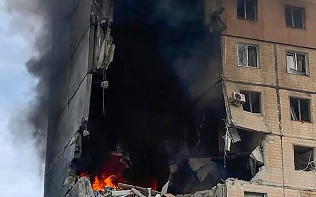 In this photo provided by the Ukrainian Interior Ministry Press Office, a burning apartment building is seen after a missile attack in Kryvyi Rih, Ukraine, Monday, July 31, 2023. (Ukrainian Interior Ministry Press Office via AP) In this photo provided by the Ukrainian Interior Ministry Press Office, a burning apartment building is seen after a missile attack in Kryvyi Rih, Ukraine, Monday, July 31, 2023. (Ukrainian Interior Ministry Press Office via AP)