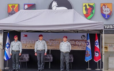 L-R: Incoming commander of the IDF Southern Command Maj. Gen. Yaron Finkelman, IDF chief Lt. Gen. Herzi Halevi, and outgoing head of the Southern Command Maj. Gen. Eliezer Toledano, at the unit's base in Beersheba, July 9, 2023. (Emanuel Fabian/Times of Israel)