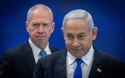 Prime Minister Benjamin Netanyahu and Defense Minister Yoav Gallant attend an event for outstanding soldiers as part of Israel's 75th Independence Day celebrations, at the President's Residence in Jerusalem on April 26, 2023. (Yonatan Sindel/Flash90)
